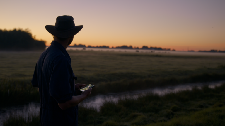1. Farmer, phone, looking at cows